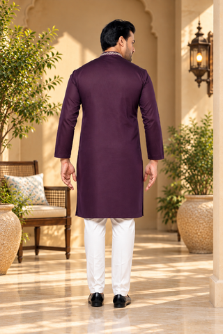 Purple Embroidered Giza Cotton Kurta for Men (Only Kurta)