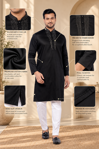 Embroidered Black Giza Cotton Kurta  (Only Kurta)