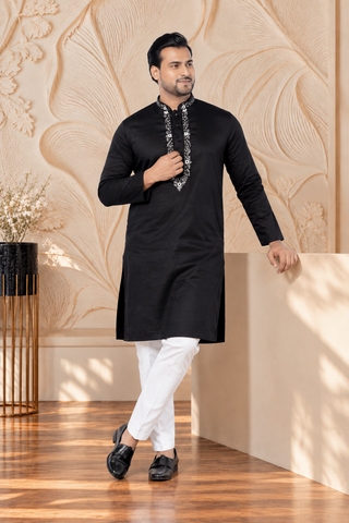Festive Black Giza Cotton Embroidered Kurta (Only Kurta)