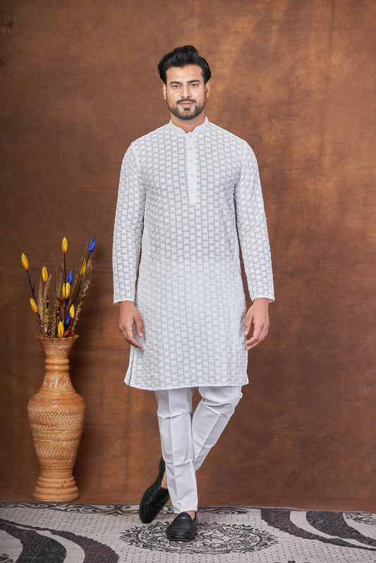 Soft Thread – White Cotton Embroidered Kurta