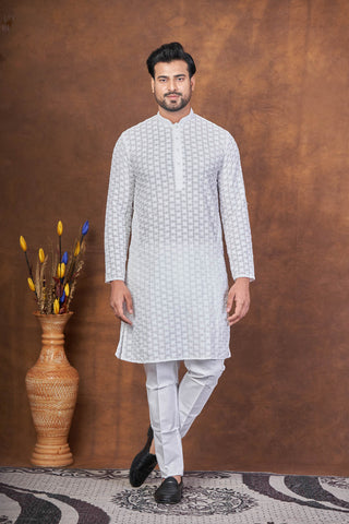 Soft Thread – White Cotton Embroidered Kurta