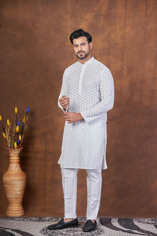 Soft Thread – White Cotton Embroidered Kurta