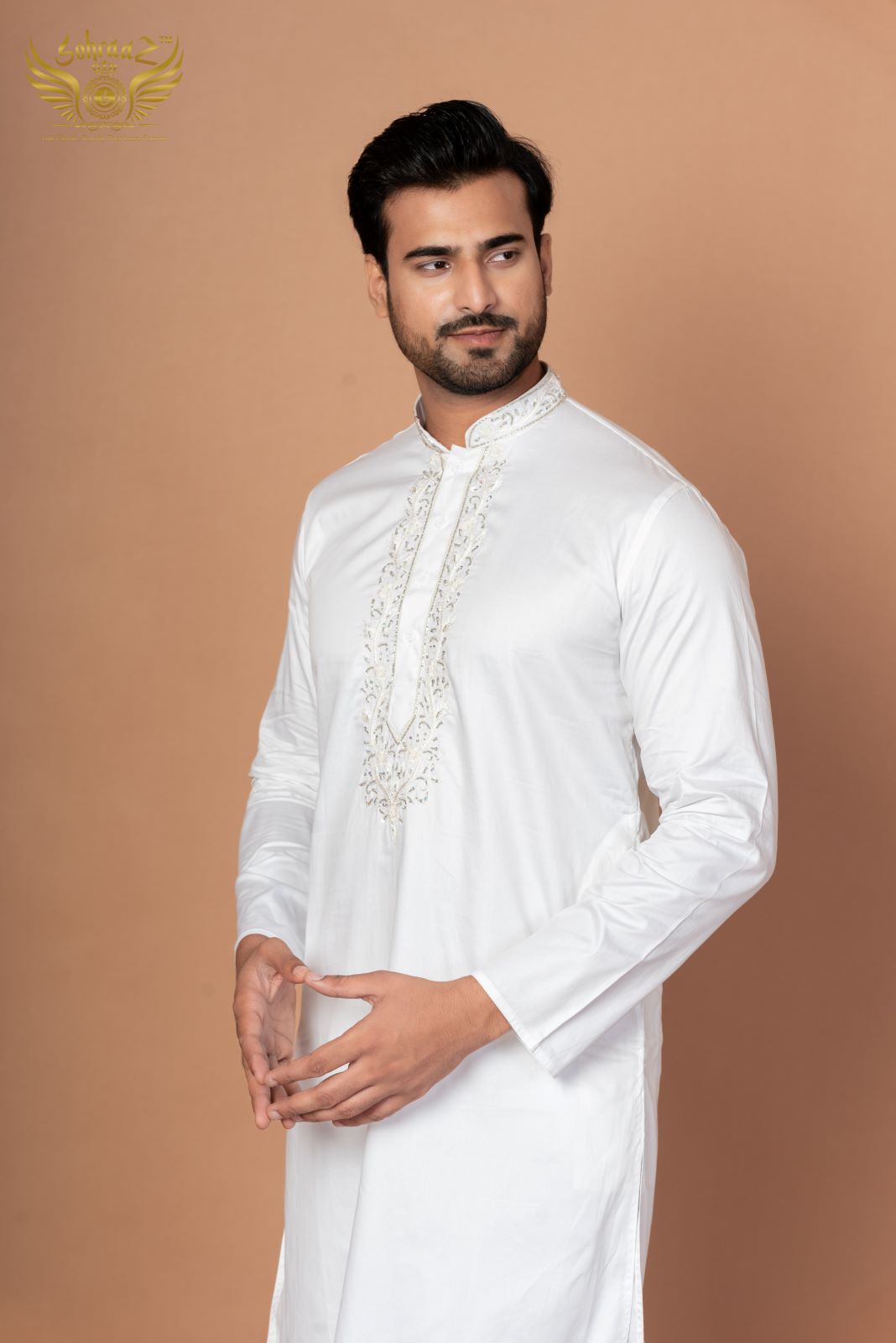 Pure White Giza Cotton Kurta – Zardosi Handwork for Festive Wear