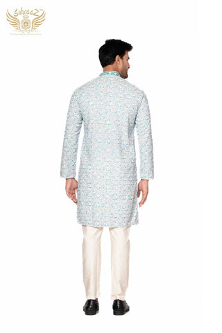 Ocean Print – Aqua Blue Cotton Sequin Printed Kurta