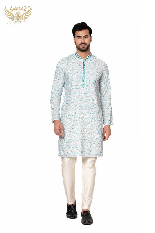 Ocean Print – Aqua Blue Cotton Sequin Printed Kurta