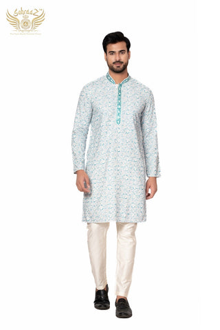 Ocean Print – Aqua Blue Cotton Sequin Printed Kurta