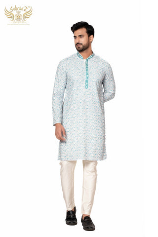 Ocean Print – Aqua Blue Cotton Sequin Printed Kurta