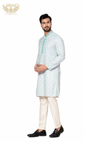 Ocean Print – Aqua Blue Cotton Sequin Printed Kurta
