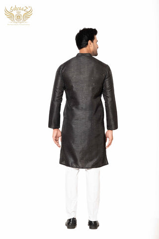 Black Cotton Silk Self Work Kurta