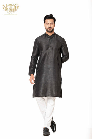 Black Cotton Silk Self Work Kurta