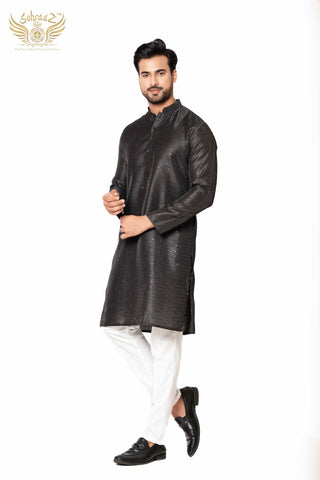 Black Cotton Silk Self Work Kurta