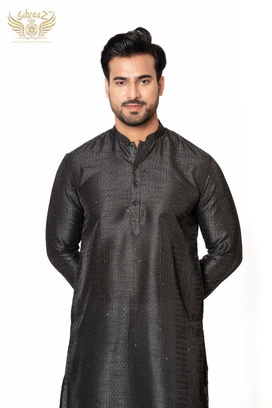 Black Cotton Silk Self Work Kurta