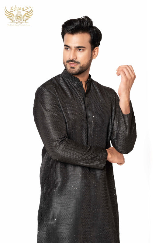 Black Cotton Silk Self Work Kurta