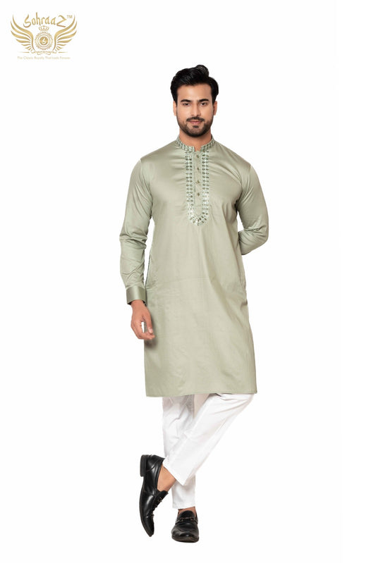 Glint Green – Pastel Giza Cotton Mirror Work Kurta