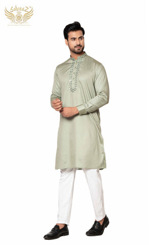 Glint Green – Pastel Giza Cotton Mirror Work Kurta