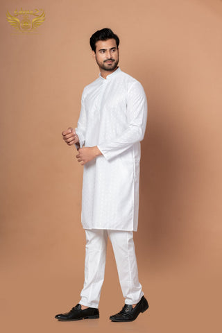 White Cotton Kurta with Exquisite Thread & Self Chicken Craft