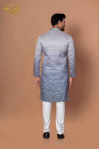 Royal Grey Cotton Silk Kurta with Mirror & Thread Craft