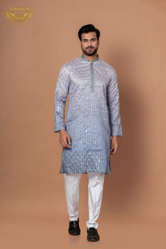 Royal Grey Cotton Silk Kurta with Mirror & Thread Craft