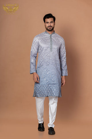 Royal Grey Cotton Silk Kurta with Mirror & Thread Craft