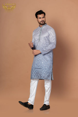 Royal Grey Cotton Silk Kurta with Mirror & Thread Craft