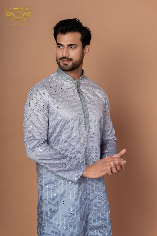 Royal Grey Cotton Silk Kurta with Mirror & Thread Craft
