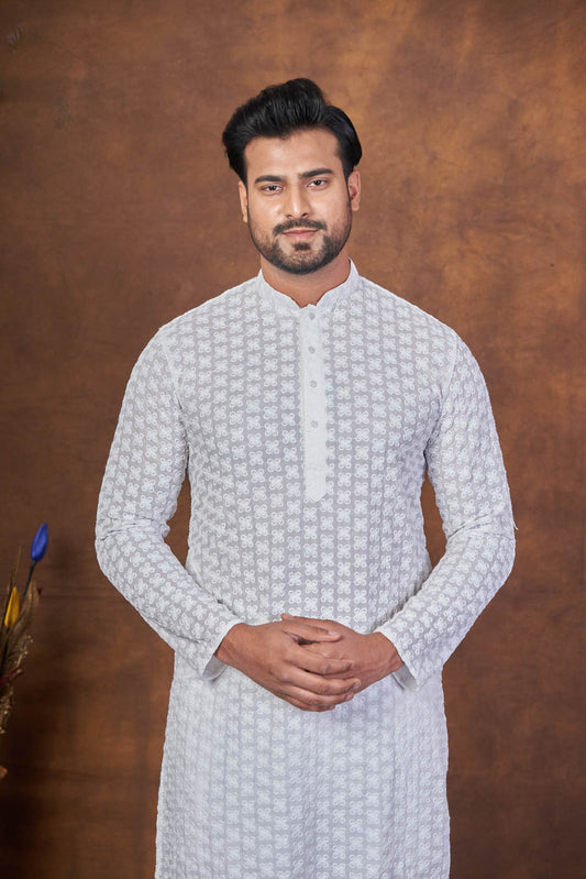 Soft Thread – White Cotton Embroidered Kurta