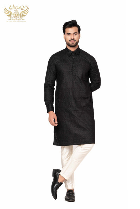 Onyx Craft – Black Giza Cotton Self Work Kurta