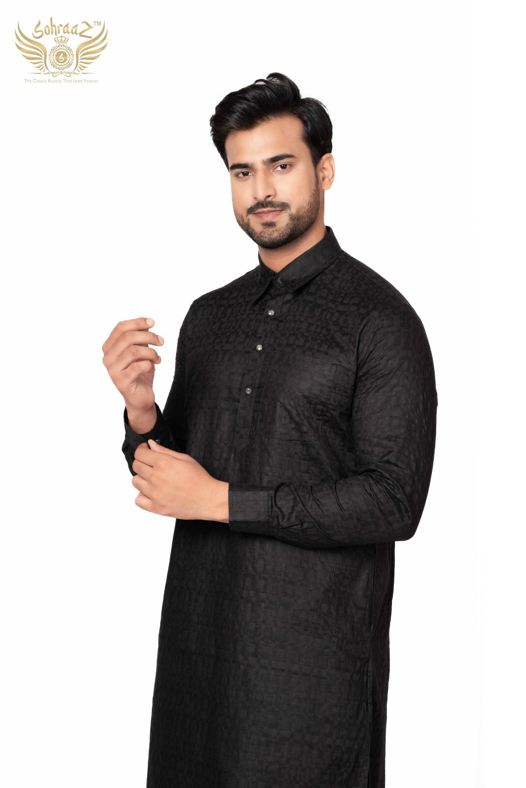 Onyx Craft – Black Giza Cotton Self Work Kurta