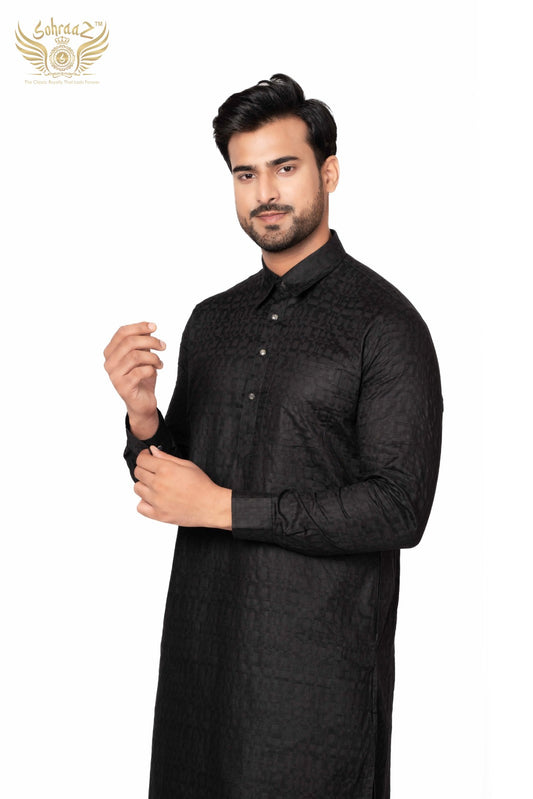 Onyx Craft – Black Giza Cotton Self Work Kurta