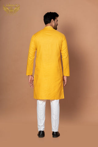 Premium Yellow Cotton Blend Kurta with Mirror Machine Artistry