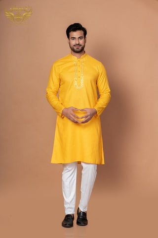Premium Yellow Cotton Blend Kurta with Mirror Machine Artistry