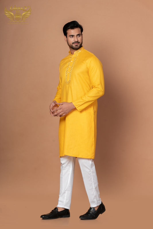Premium Yellow Cotton Blend Kurta with Mirror Machine Artistry