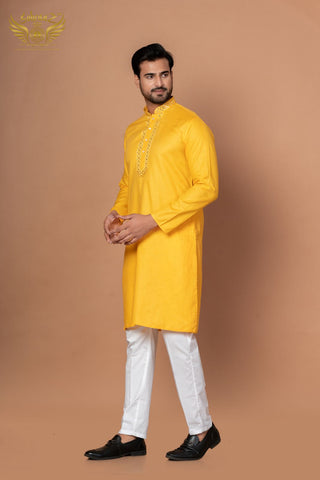 Premium Yellow Cotton Blend Kurta with Mirror Machine Artistry