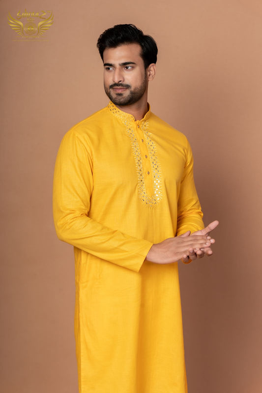 Premium Yellow Cotton Blend Kurta with Mirror Machine Artistry