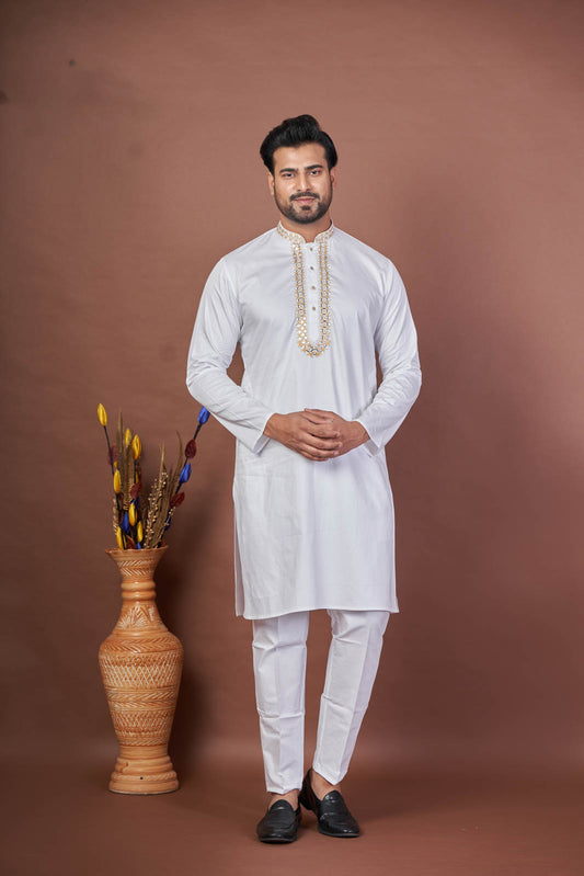 Sparkle White – Giza Cotton Mirror Embroidered Kurta
