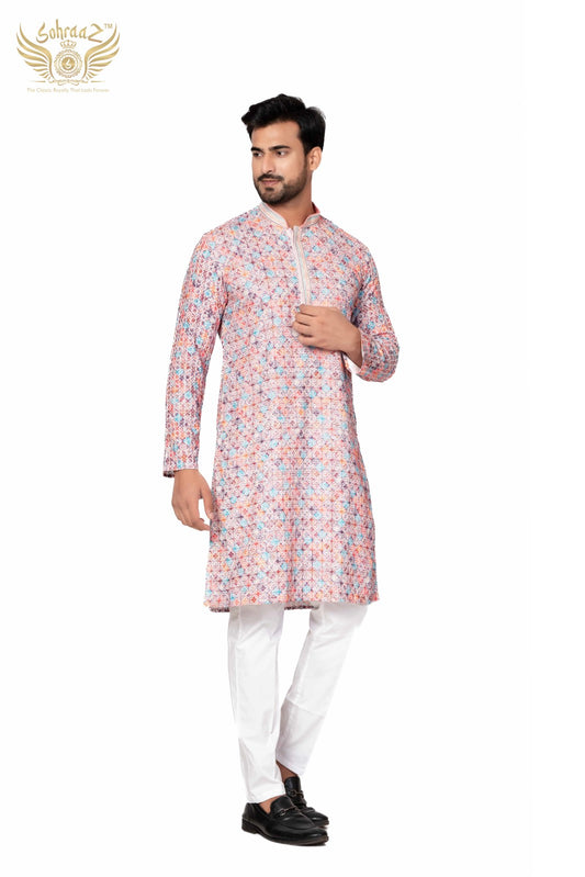 Festive Chikankari Kurta – Multicolour Cotton Sequin