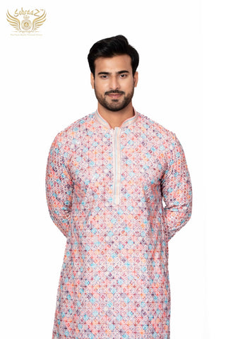 Festive Chikankari Kurta – Multicolour Cotton Sequin