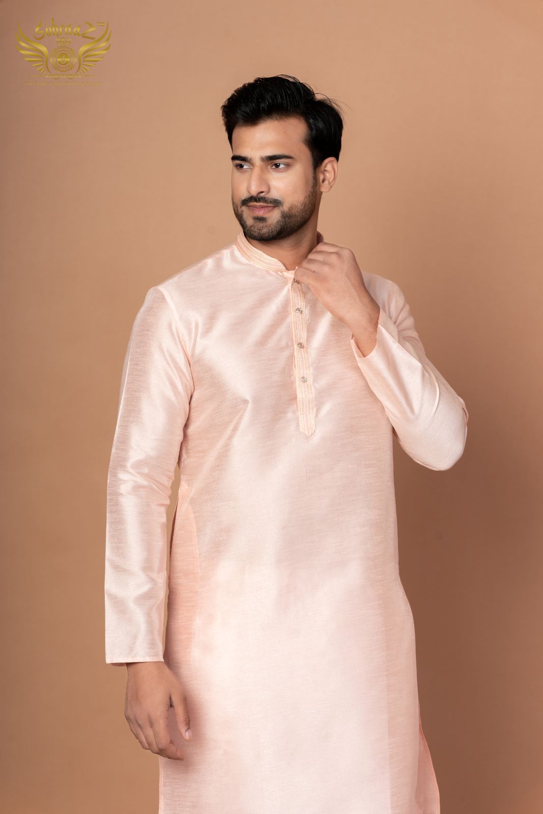 Pastel Pink Dupion Silk Kurta with Thread Work