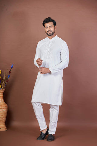 Bright White – Giza Cotton Mirror Work Kurta