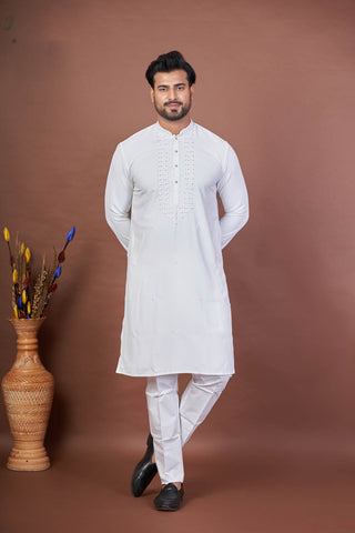 Bright White – Giza Cotton Mirror Work Kurta