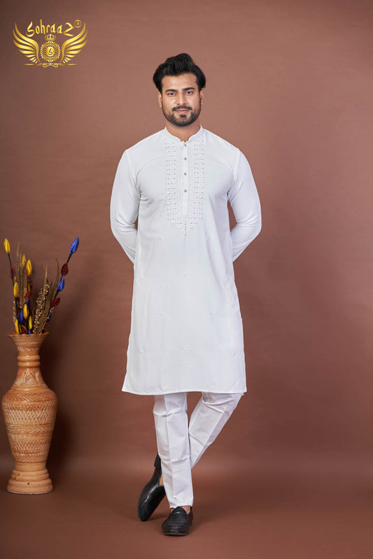 Bright White – Giza Cotton Mirror Work Kurta