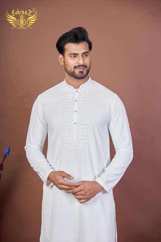 Bright White – Giza Cotton Mirror Work Kurta