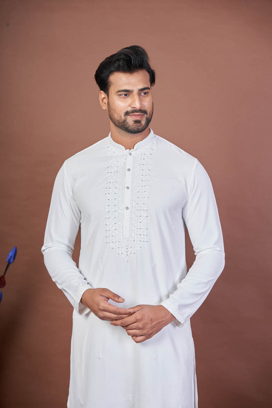 Bright White – Giza Cotton Mirror Work Kurta