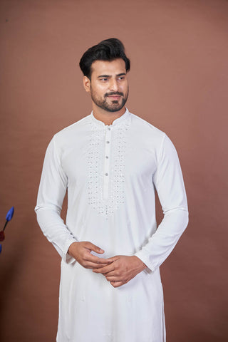 Bright White – Giza Cotton Mirror Work Kurta