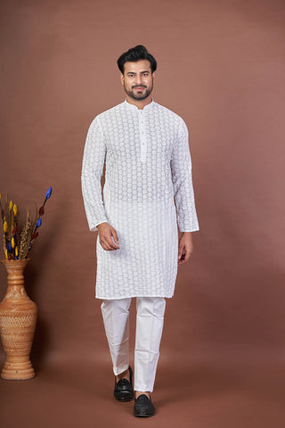 Gentle Stitch – White Cotton Embroidered Kurta