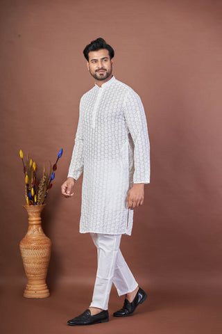 Gentle Stitch – White Cotton Embroidered Kurta