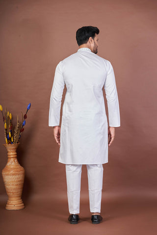 White Giza Cotton Kurta with Embroidery