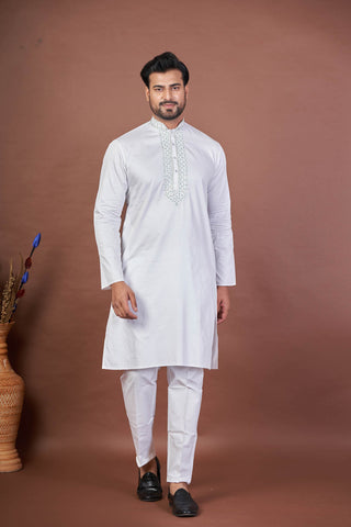 White Giza Cotton Kurta with Embroidery