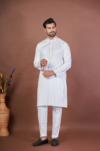 White Giza Cotton Kurta with Embroidery