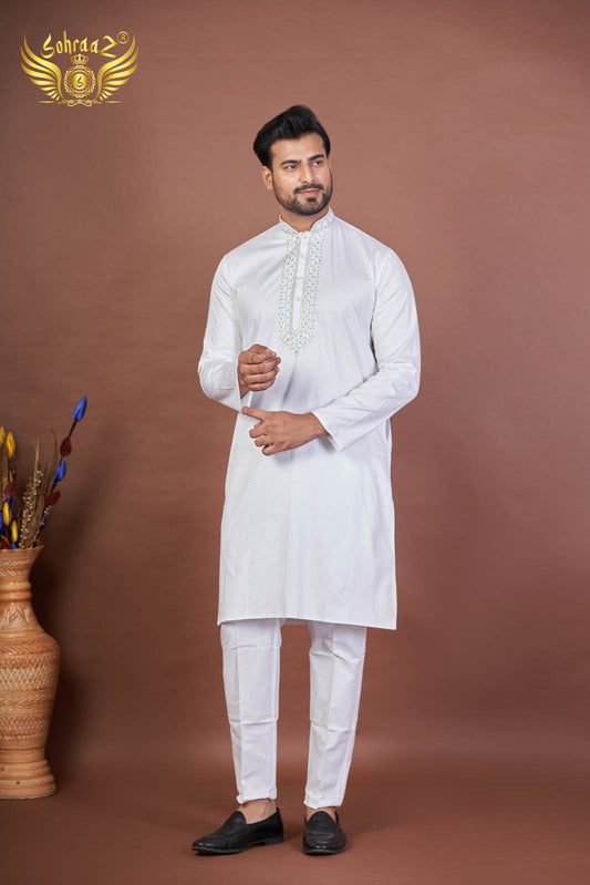 White Giza Cotton Kurta with Embroidery